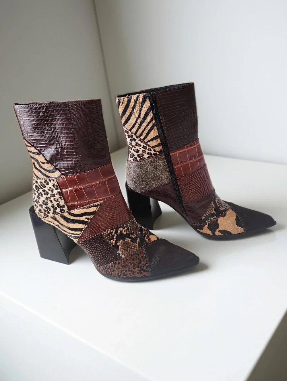 Jeffrey Campbell Caballeros La Siren Mixed Media Calf-hair Patchwork Boots 8.5